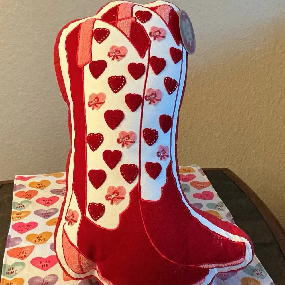 Large Red and White Heart Cowboy Boots Pillow with Embossed Designs